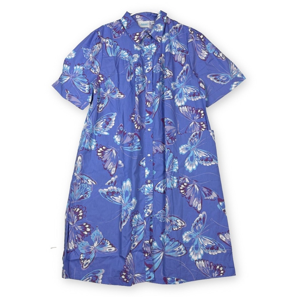 National Butterfly Print Snap Front House Dress Blue Purple 1X 23623 NWT